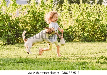 Domestic dog accidentally biting little girl's arm during game at backyard lawn Royalty-Free Stock Photo #2303882517