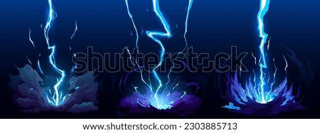 Cartoon blue lightning thunder and storm thunderbolt strike, vector thunderstorm bolts. Cartoon electric flash effects and lightning sparks background with energy charge or anime magic blast explosion Royalty-Free Stock Photo #2303885713
