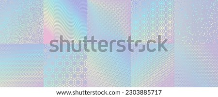 Hologram backgrounds with vector texture of rainbow hologram foil or iridescent paper with pastel, neon and metal gradient. Holographic patterns set with geometric ornaments of confetti, stars, waves