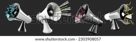 Loudspeakers for collage. Pack of megaphones on transparent background. Vector halftone illustration with elements of a doodle. Grunge punk set. Lightning blah lines.  Royalty-Free Stock Photo #2303908057