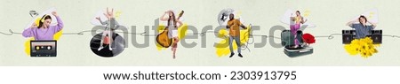 Template panorama collage of youngster people listen music dance with different device boom box tape recorder guitar disc