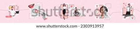 Banner poster panorama collage of people millennial enjoy using social network popular sms message reaction on video audio posts Royalty-Free Stock Photo #2303913957