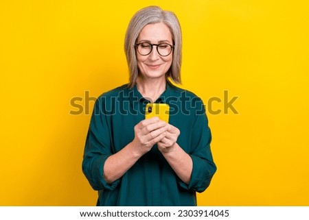Photo of smm manager lady using modern gadget search job vacancy on website network isolated bright color background