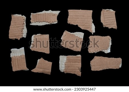 Set of torn cardboard paper pieces isolated on black background. Ripped papers for your designs.