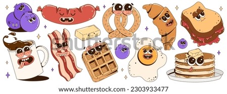 Trendy sticker set with funky food characters. Branding mascots for cafe, restaurant, bar. Fresh pastries, pretzel, croissant, French toast, coffee, pancakes, waffles, bacon, eggs, sausage.