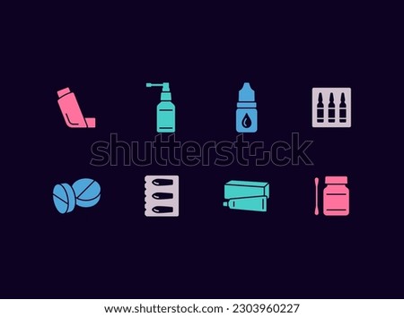 Pharmacy vector icon set. Drug store supplies icons. Medications signs.
