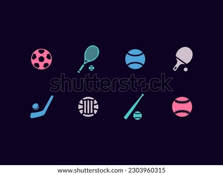 Sports equipment vector icon set. Various activities and sport kinds icons.
