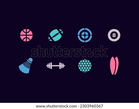 Sports equipment vector icon set. Various activities and sport kinds icons.