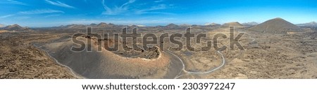 Panoramic drone picture over the barren volcanic Timanfaya National Park on Lanzarote during daytime