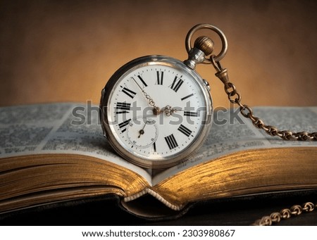 The clock lies on an old book. Clock as a symbol of time, the book is a symbol of knowledge and science.  Concept of time, history, science, memory, information. Vintage watch, clock background.