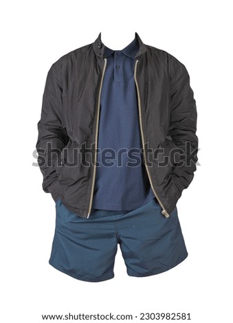men's  black jacket,dark blue  shirt and dark blue sports shorts isolated on white background. fashionable casual wear