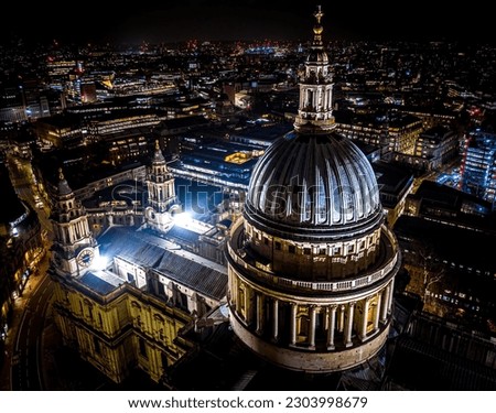 Aerial night view of St Paul's Cathedral, an Anglican cathedral on Ludgate Hill in London, UK