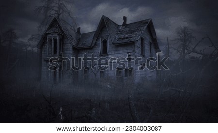 Abandoned House Among Dead Trees and Fog features an old abandoned house in a field with dead and burnt trees all around with smoke or mist rolling by. Royalty-Free Stock Photo #2304003087