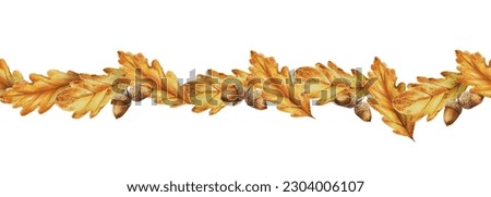 Watercolor seamless border with autumn oak leaves and acorns isolated. Thanksgiving, Halloween illustration for designers, scrapbooking. For designers, postcards, party Invitations, wrapping paper, co