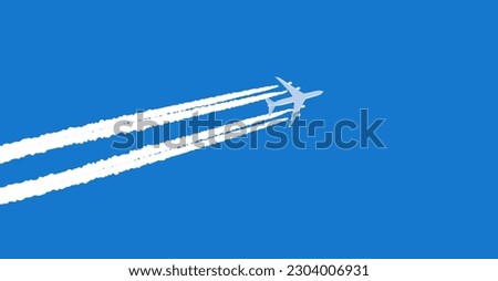 Airplane on sky for banner in flat vector illustration. Flying passenger aircraft on the blue sky, view from the ground. Plane journey, travel or tours, airport advertising, trip abroad on vacation