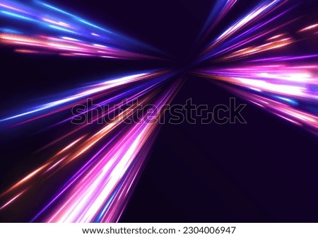 Abstract neon light rays background. A Colorful Motion Background of City Light Trails. Purple glowing wave swirl, impulse cable lines. Long time exposure. Vector	 Royalty-Free Stock Photo #2304006947