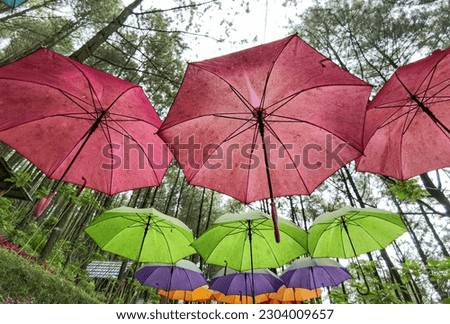 Row of hanging colorful umbrellas for decoration