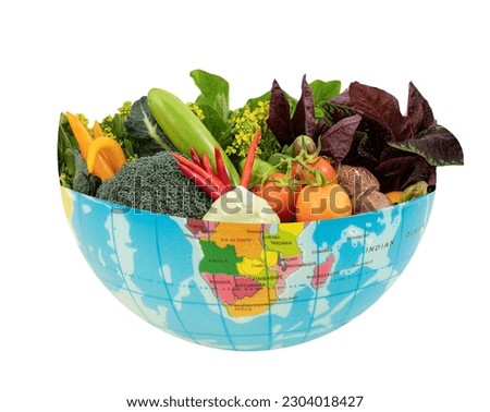 Vegetables on old half globe isolated on white with clipping path. 