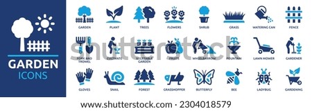 Garden icon set. Containing plant, flowers, trees, watering can, fence, cultivate and gardening icons. Solid icon collection. Vector illustration. Royalty-Free Stock Photo #2304018579