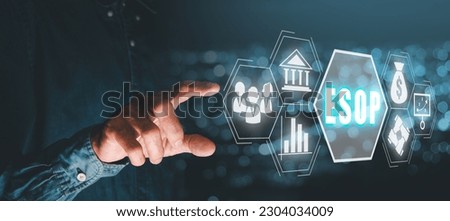 Esop - Employee Stock Ownership Plan concept, Person hand touching esop icon on virtual screen with blue bokeh background.