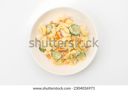 macaroni and potato salad on white background