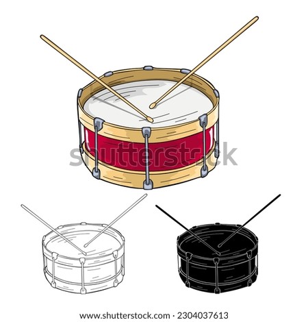 Red drum and wooden drum sticks, vector illustration
