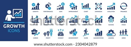 Growth icon set. Containing performance, gain, improvement, grow, chart, increase, evolution and development icons. Solid icon collection. Vector illustration. Royalty-Free Stock Photo #2304042879