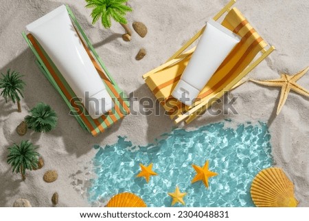 Two cosmetic container displayed on handmade paper craft chairs over the sandy background. Transparent clear water in the lake. Product mockup