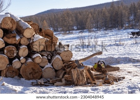 A pile or stack of firewood that has been exposed to snowfall and has accumulated a layer of snow on its surface.Mountains in the background.