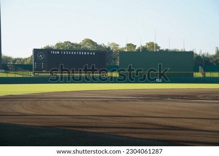 A fresh field and scoreboard before a game at a baseball stadium Royalty-Free Stock Photo #2304061287
