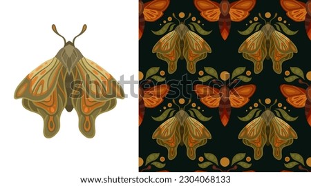 Vector set of mystical seamless pattern and card with moths, leaves and moons. Collection of illustration and texture with butterflies. Flat sacred background and image of a flying insect 