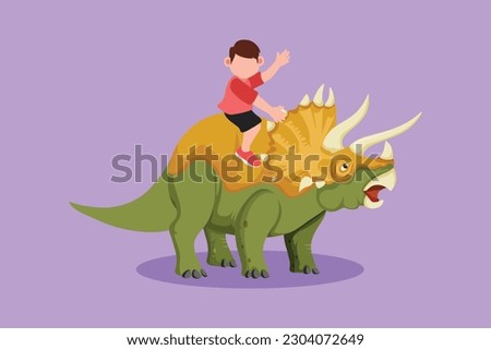 Cartoon flat style drawing bravery little boy caveman riding triceratops. Adorable kids sitting on back of dinosaur. Stone age children playing. Ancient human life. Graphic design vector illustration