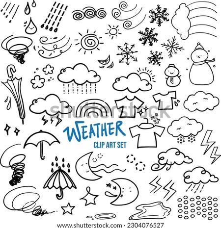 Digital hand drawn cute weather forecast seasonal illustration icon clip art set line art symbols drawing 