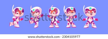 Tiger space astronaut cute baby cartoon vector character illustration. Funny animal kid for cosmos explore. Fantastic childish cat in spacesuit with helmet active mascot run, wave and pose happy Royalty-Free Stock Photo #2304105977