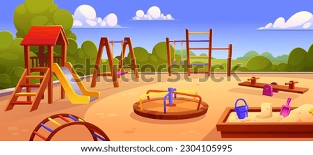 Cartoon public playground in city park. Vector illustration of kindergarden or school yard with wooden swing, carousel, slide, sandbox, colorful ladder for childrens outdoor fun and recreation Royalty-Free Stock Photo #2304105995