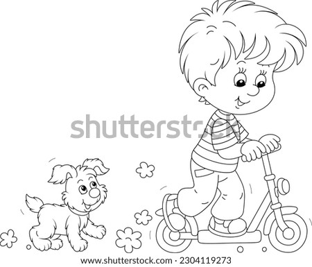 Happy little boy riding a toy scooter and playing with his merry puppy on a playground in a park on summer vacation, black and white vector cartoon illustration for a coloring book