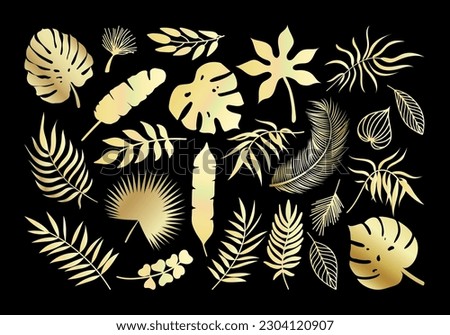 Vector Gold Palm leaf icons set. Golden tropical plants leaves silhouette exotic collection. Monstera, fan palm, banana, eucalyptus, coconut palm leaves shapes isolated on black background. Royalty-Free Stock Photo #2304120907