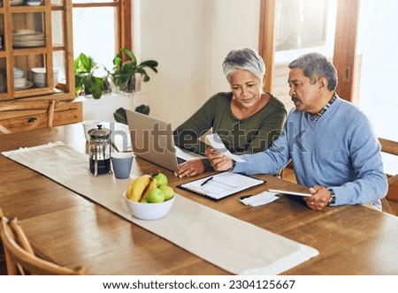 Finance, laptop and senior couple with bills, paperwork and receipt documents for life insurance. Retirement, fintech and elderly man and woman on computer for mortgage payment, investment and budget Royalty-Free Stock Photo #2304125667