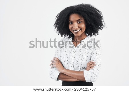 Business, smile and portrait of black woman with arms crossed in studio isolated on a white background mockup. Confidence, face and African female professional, entrepreneur or person from Nigeria.