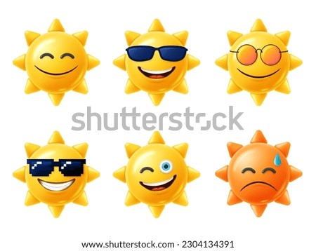 Sun 3D character. Happy yellow sun emoji with smiled face and sunglasses, hot summer season vector illustration set of sun face 3d, smile expression emotion