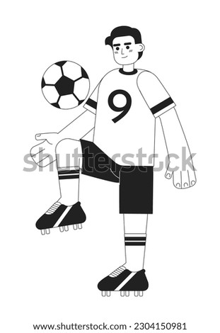 Young brazilian footballer kicking soccer ball monochromatic flat vector character. Male soccer player. Editable thin line full body person on white. Simple bw cartoon spot image for graphic design