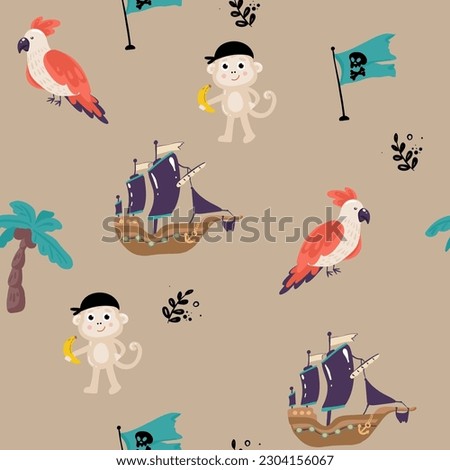 Seamless pattern with cute pirate. Cartoon child holding sword. Treasure hunt texture background. Preschooler in a pirate costume. Flat vector illustration.