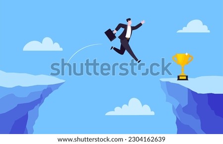 Businessman jumps over the abyss across the cliff flat style design vector illustration. Business concept of fearless businessman with huge courage. Risk, goal achievement, work obstacles and success. Royalty-Free Stock Photo #2304162639