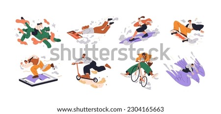 Active fast people with free energy in motion. Energetic enthusiastic fun characters travel. Life experience, action, movement concept. Flat graphic vector illustrations isolated on white background
