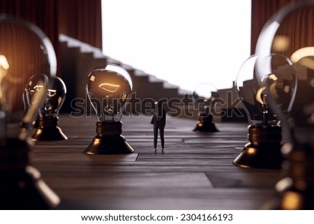 Back view of businessman with abstract chess light bulbs placed on wooden surface with stairs and blurry white mock up place in the background. Idea, energy and retro decor
