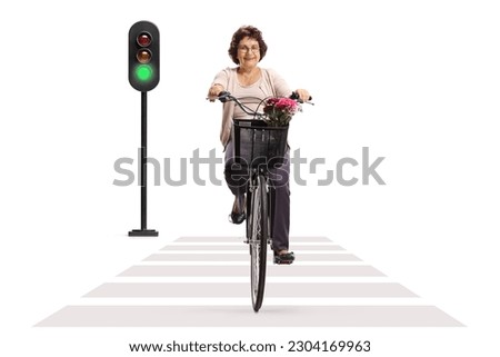 Elderly woman riding a bicycle at a pedestrian crossing with green traffic light isolated on white background
