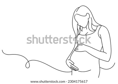 Continuous line art drawing of pregnant woman touching her belly. Maternity Vector illustration Royalty-Free Stock Photo #2304175617