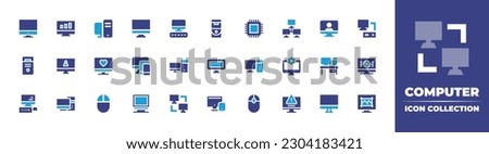 Computer icon collection. Duotone color. Vector illustration. Containing computer, screen, pc, cpu, network, computer server, pc tower, device, desk, mouse, monitor, computer networks, warn. Royalty-Free Stock Photo #2304183421