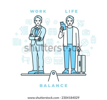Clip art of man who enjoys both work and hobby travel. Clip art of work-life balance.