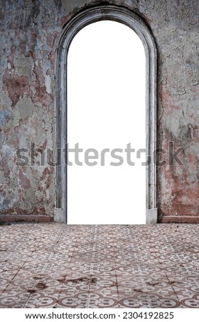 mock-up. arched doorway of orthodox armenian church. medieval door with arch and columns. front view. stairway before entrance. grey tiled floor. mock up. isolated on white background.